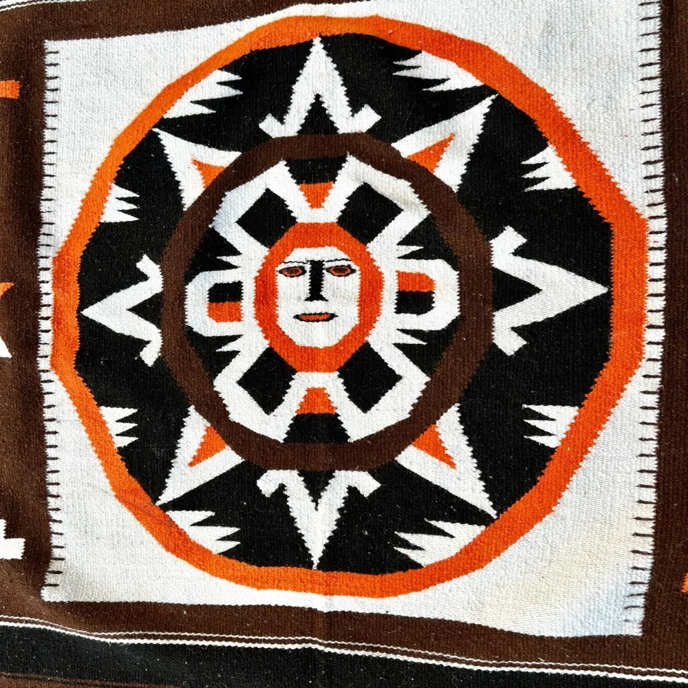 Vintage 70s Brown Orange Wool Woven Sun Aztec Mayan Southwestern Blanket Rug